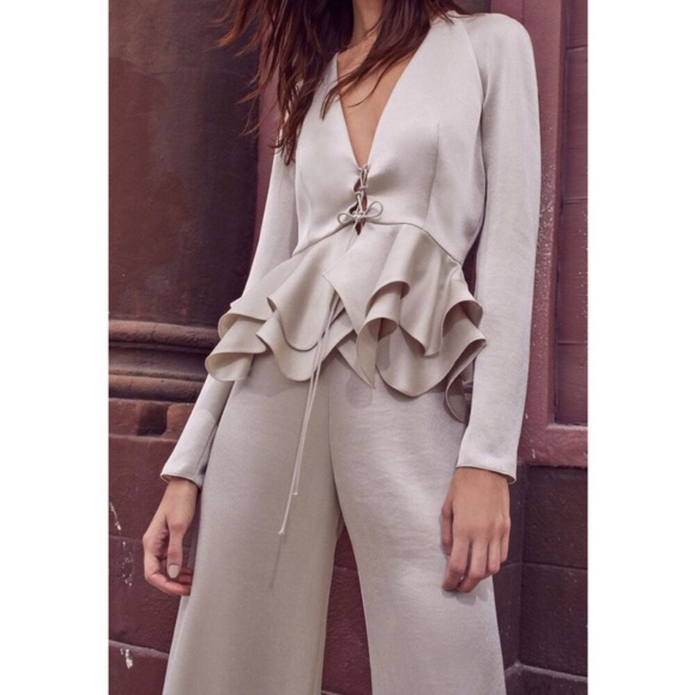 Alexis NWT Reagan Lace Up Peplum Satin Top in Neutrals size Medium (M)